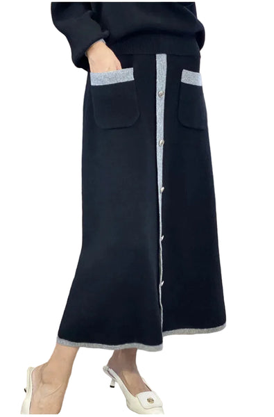 100% Merino Wool 2 Piece Color Block Sweater+ MAXI Skirt Set