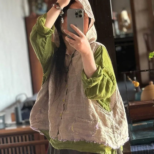 Unique Edgy 100% Linen Lightweight Summer Hoodie Vest - Wigging It Etc