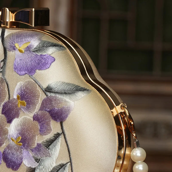 Exquisite Silky Embroidered Octagonal Pearly Strap MINI Shoulder Bag