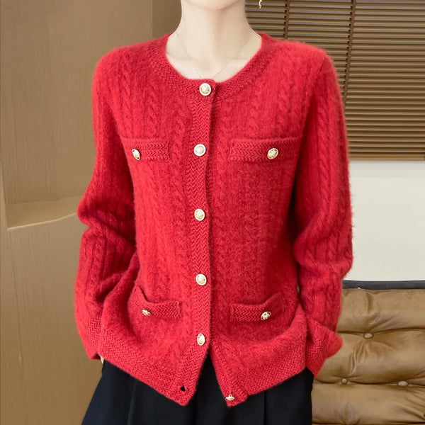 100% Merino Wool Buttoned Chanel Style Cable Knit Cardigan