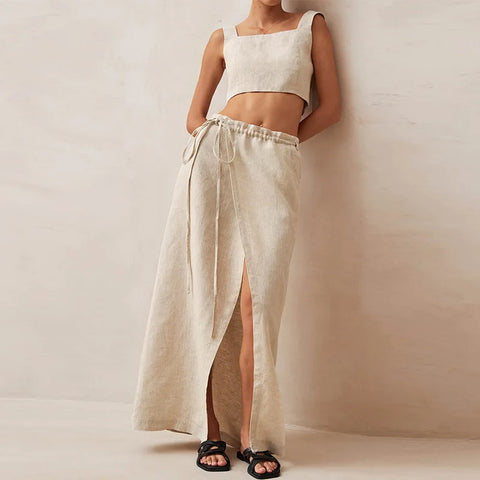 Sexy 100% Linen Retro French Split MAXI Skirt