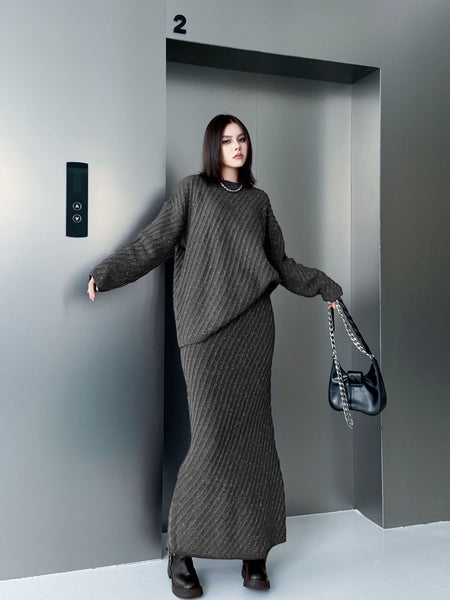 2 Piece Cotton Blend Oversized Pullover Sweater+MAXI Skirt Set