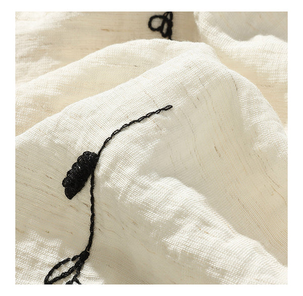 Minimalist Linen Blend A-Line Embroidered French Floral MIDI Dress