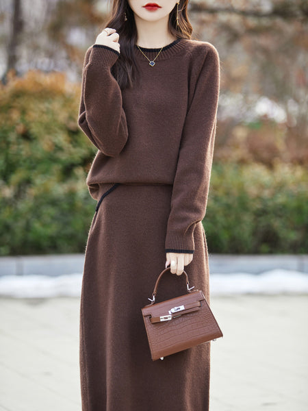 100% Extra Fine 2 Piece Merino Wool Pullover Sweater + MIDI Skirt Set