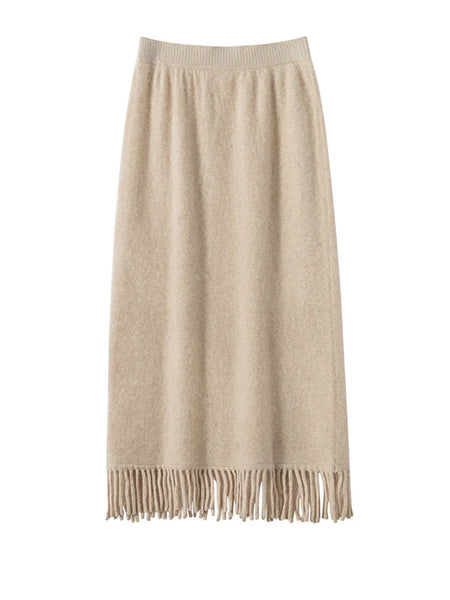 Roomy 2 Piece 100% Cashmere Tasseled Bohemian Sweater+MIDI Skirt Set