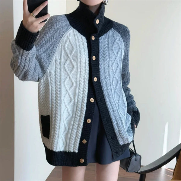 100% Merino Wool Intricately Twisted Patchwork Multicolored Cardigan