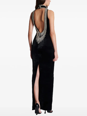 Sexy Exquisitely Beaded Classic Halterneck Velvet MAXI Dress