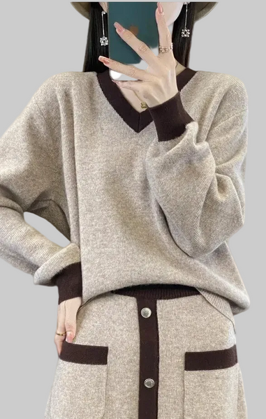 100% Merino Wool 2 Piece Color Block Sweater+ MAXI Skirt Set