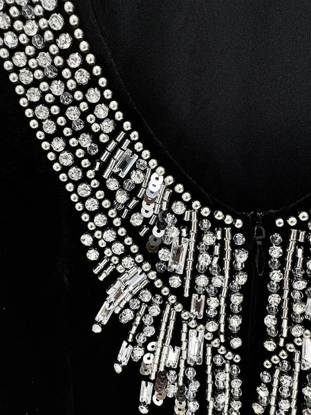 Sexy Exquisitely Beaded Classic Halterneck Velvet MAXI Dress