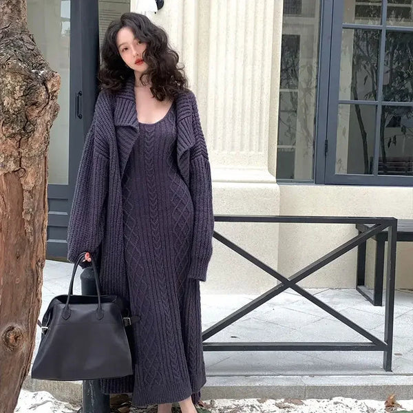 Chic + Cozy Retro MAXI Dress + Full-Length Cardigan Knit Set