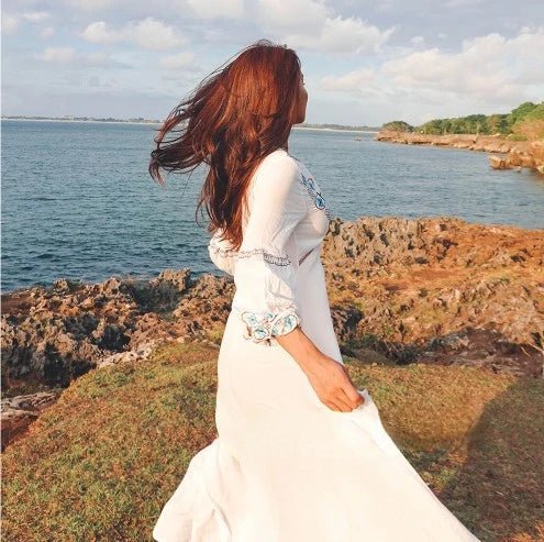 Classic Cotton V - Neck Lantern - Sleeved A - Line Bohemian MAXI Dress - Wigging It Etc
