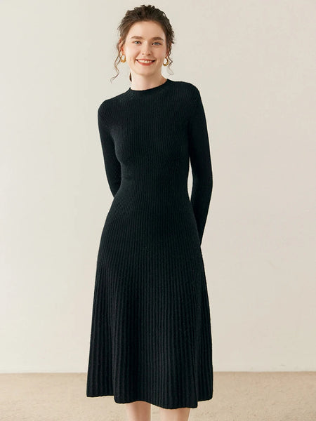 Chic Elegant Pleated Flared 100% Cashmere MIDI Winter Dress