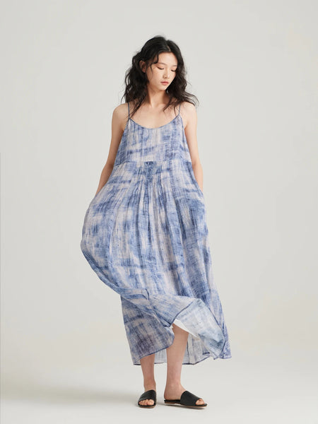 Vintage A-Line Cotton Linen Print MAXI Sundress