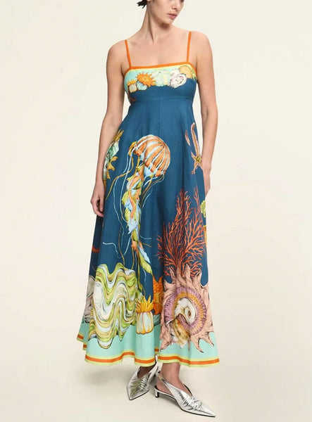 100% Linen A-Line Retro Floral Print Maxi Sundress