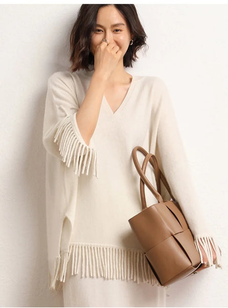 Roomy 2 Piece 100% Cashmere Tasseled Bohemian Sweater+MIDI Skirt Set