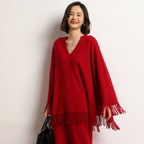 Roomy 2 Piece 100% Cashmere Tasseled Bohemian Sweater+MIDI Skirt Set