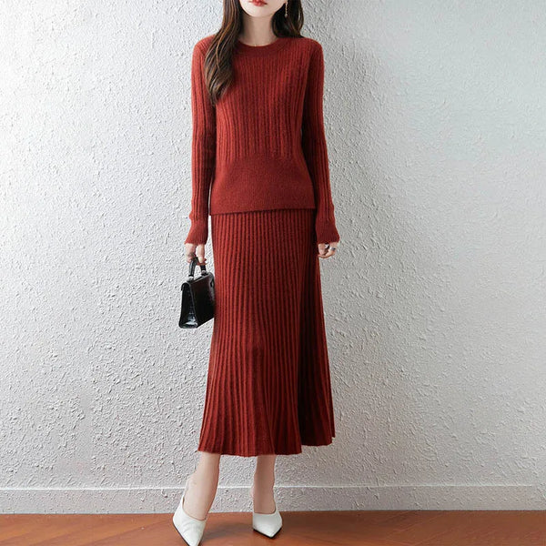 Elegant 100% Merino Wool Pullover Sweater+A-Line MAXI Skirt Set