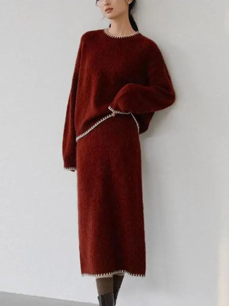 2 Piece Cotton Blend Pullover Top+A-Line Winter Skirt Set