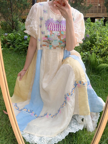 Exquisitely Embroidered Quirky A-Line Ramie+Linen  MIDI Dress