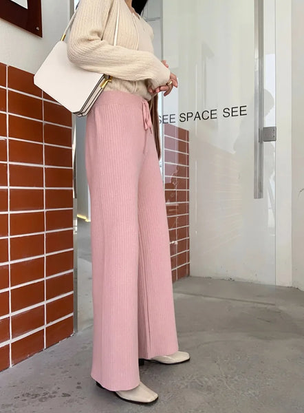 Elegant Wide-Ribbed Thick Wool + Cotton Blend Palazzo Winter Pants