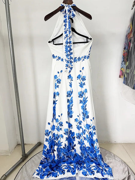 Elegant Vintage Cotton Blend A-Line MAXI Halter Dress