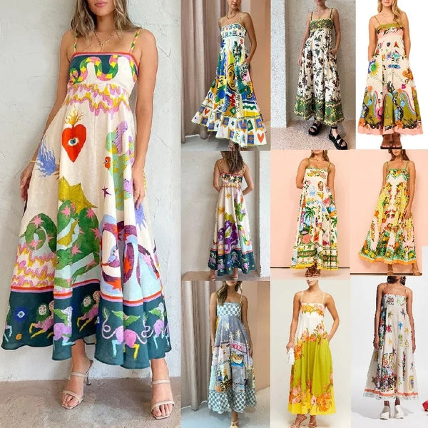 100% Linen A-Line Retro Floral Print Maxi Sundress