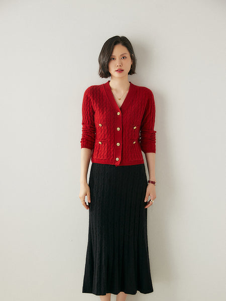 100%*Alxa Cashmere Pullover Sweater+Pleated Autumn Winter MIDI Skirt Set