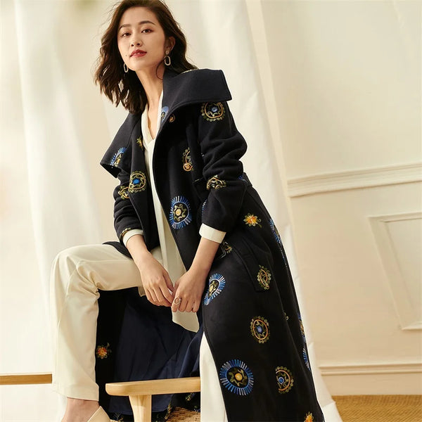 English Style Double Breasted Wool+ Cotton Blend Embroidered Winter Coat