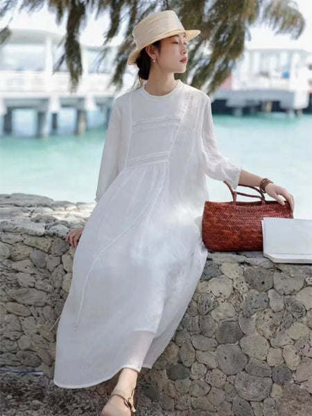 100% Ramie Pleated Double Layer Lace-Up MAXI Dress