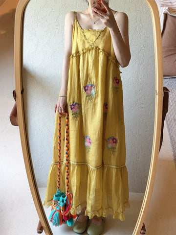 100% Ramie Embroidered A-Line Lace Patchwork MIDI Dress