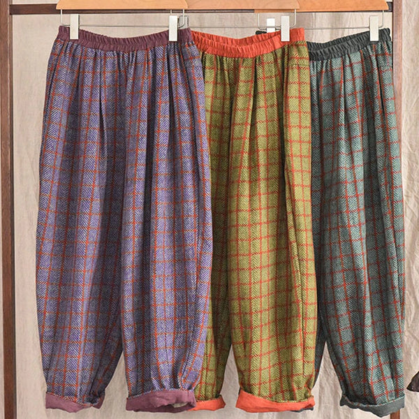 Vintage Breathable Cotton Linen All Season Plaid Pants