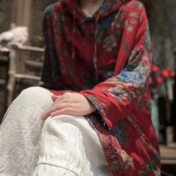 Vintage Floral Breathable Cotton Linen Hoodie Sweatshirt - Wigging It Etc