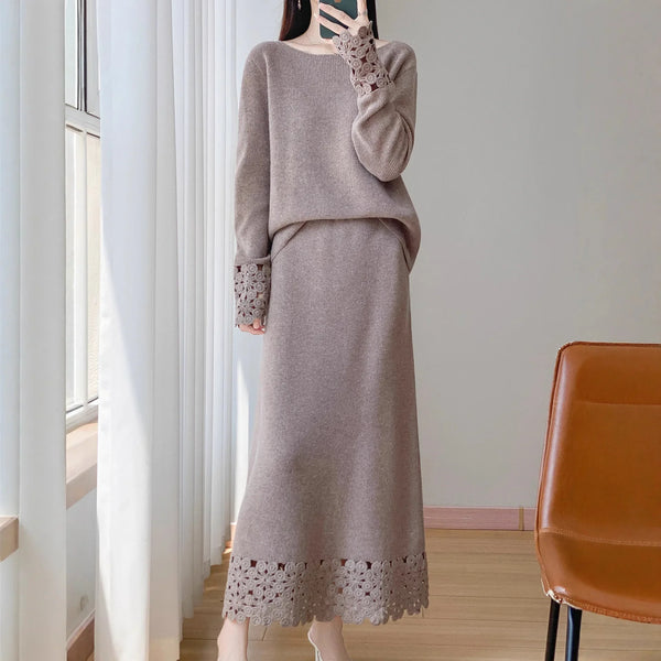 2 Piece Vintage Elegant 100% Wool Sweater+MAXI Skirt Set - Wigging It Etc