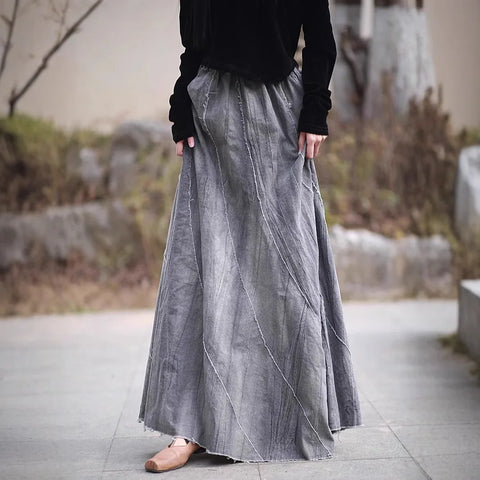 Vintage Cotton Linen Tie-Dye Patchwork A-Line MAXI Skirt