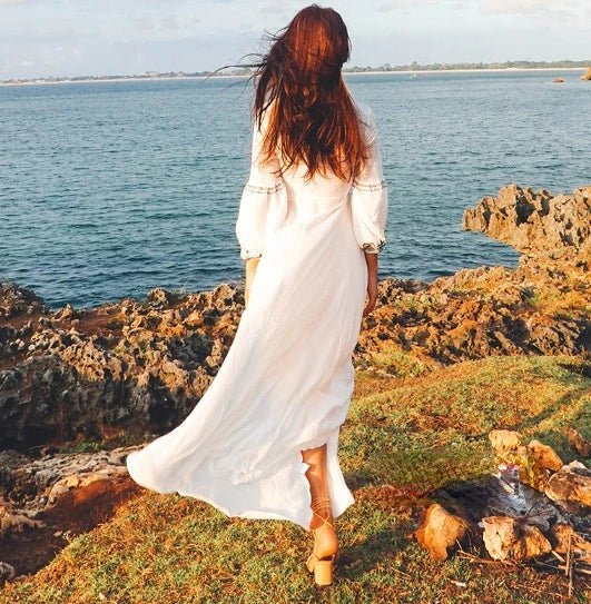 Classic Cotton V - Neck Lantern - Sleeved A - Line Bohemian MAXI Dress - Wigging It Etc