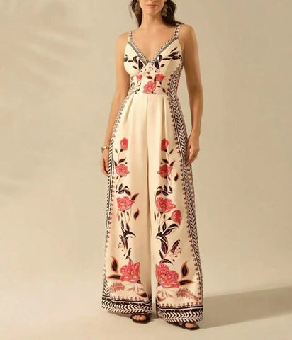Simple Playful English Style V-Neck Palazzo Jumpsuit