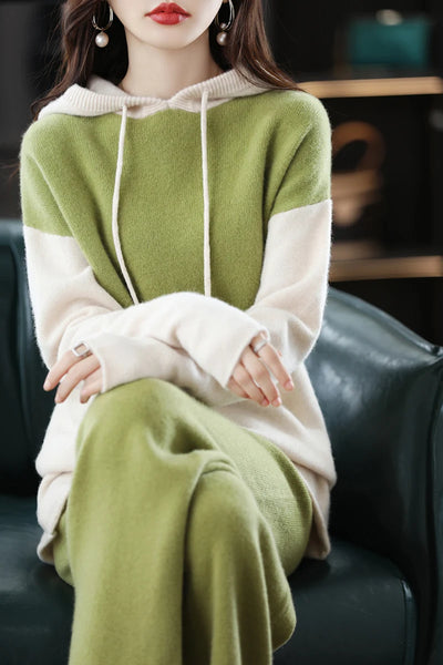 Opulent Densely Knit 100% Merino Hooded Sweatshirt+Palazzo Pants Set