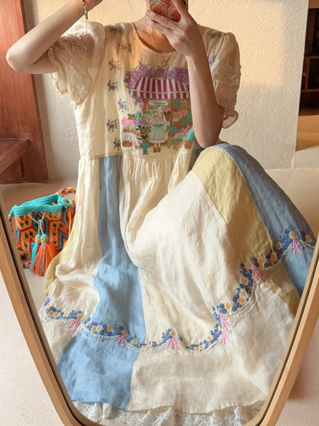 Exquisitely Embroidered Quirky A-Line Ramie+Linen  MIDI Dress