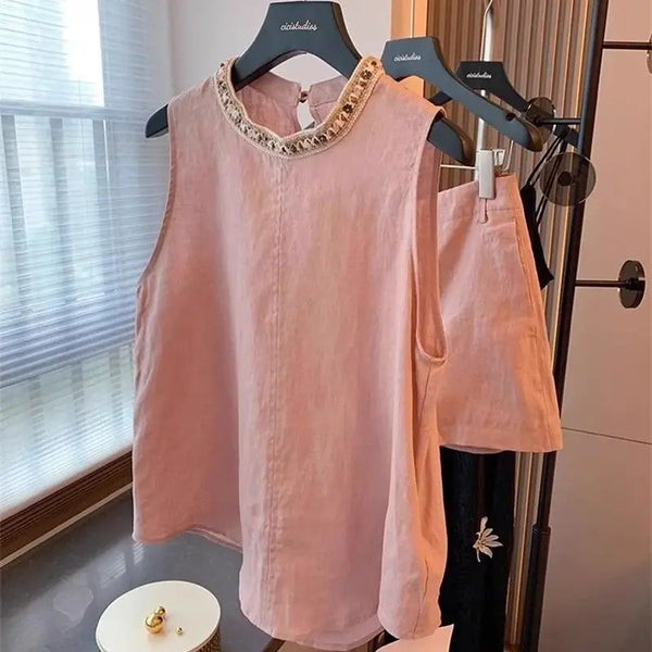 2 Piece Chic Minimalist Beaded Cotton Linen Shorts Set