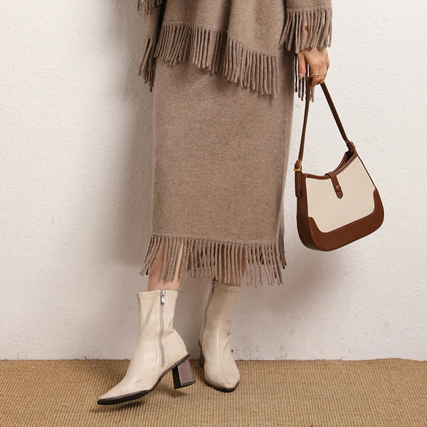 Roomy 2 Piece 100% Cashmere Tasseled Bohemian Sweater+MIDI Skirt Set