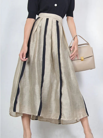 Elegant French Style Pleated A-Line MIDI Linen Blend Skirt