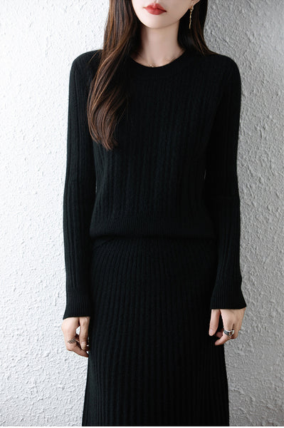 Elegant 100% Merino Wool Pullover Sweater+A-Line MAXI Skirt Set