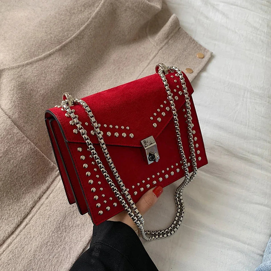 Versatile Rivet-Adorned Chain-Strapped Crossbody + Shoulder Bag