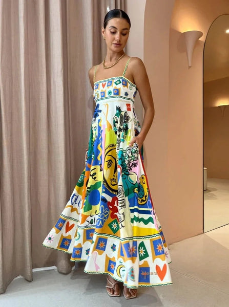 100% Linen A-Line Retro Floral Print Maxi Sundress