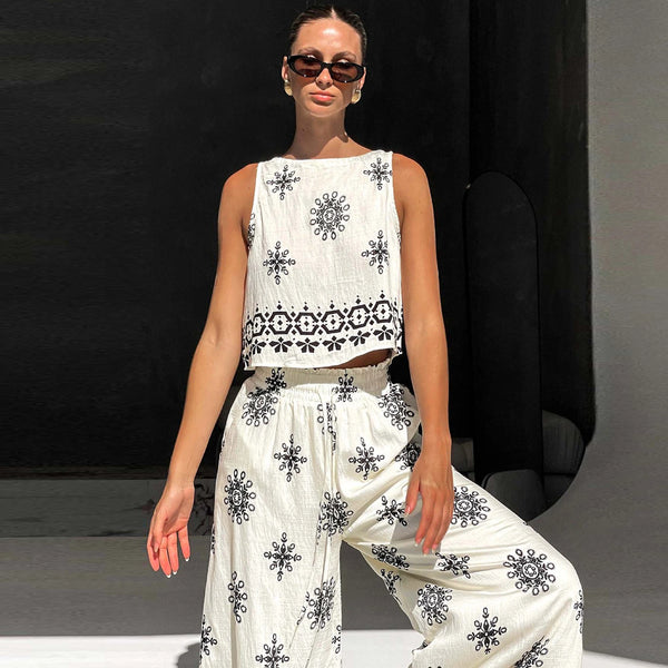 2 Piece Cotton Linen Print Tank Top+Palazzo Pants Set