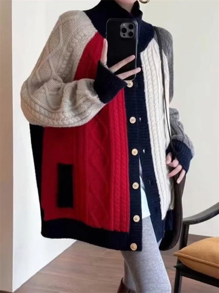 100% Merino Wool Intricately Twisted Patchwork Multicolored Cardigan