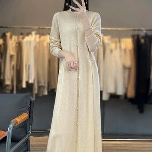 100% Cashmere + 100% Wool Knit Long-Sleeved MAXI Dress