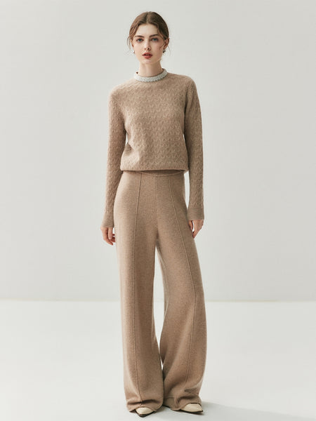 Classic French Minimalist 100% Cashmere Beaded Cable Knit Sweater