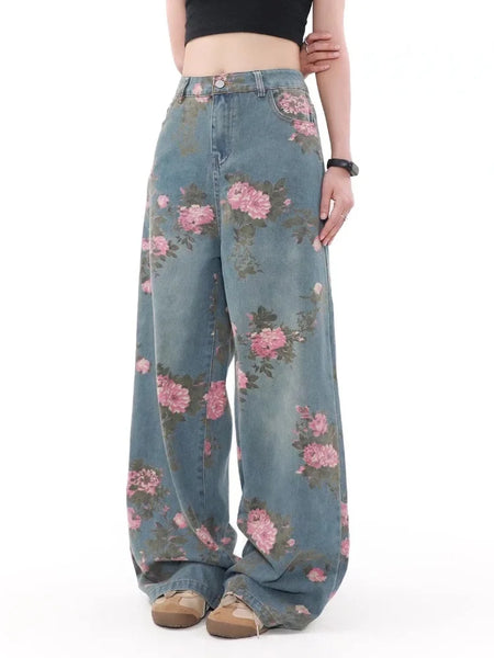 Funky Retro Rose-Patterned Mid-Waisted Palazzo Jeans