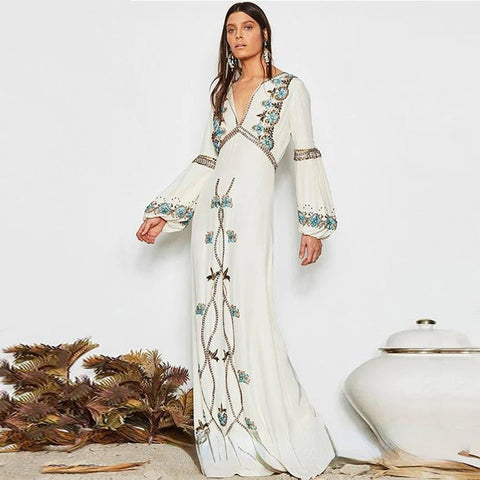 Classic Cotton V - Neck Lantern - Sleeved A - Line Bohemian MAXI Dress - Wigging It Etc
